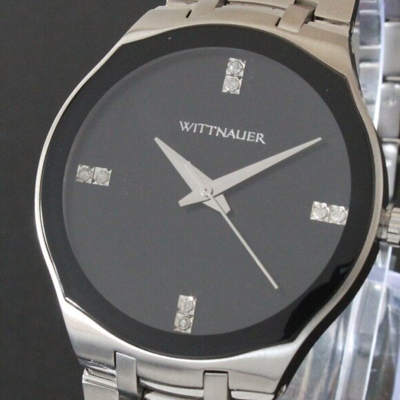 Wittnauer Ladies Dress Watch 8 Diamonds On Black Sun-ray Dial 36mm